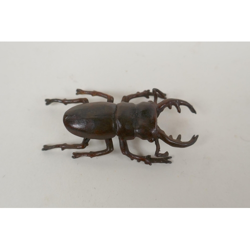 189 - A Japanese style bronze okimono stag beetle, 5cm long