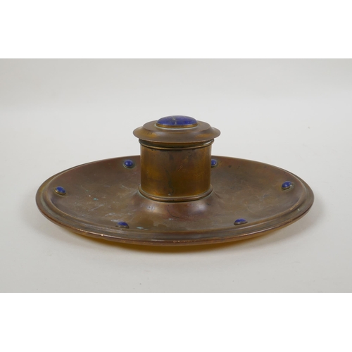 19 - An antique gilt brass inkwell set with lapis lazuli cabochons, retailed by Leuchars of Piccadilly, 2... 