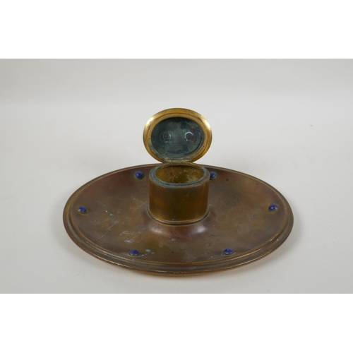 19 - An antique gilt brass inkwell set with lapis lazuli cabochons, retailed by Leuchars of Piccadilly, 2... 