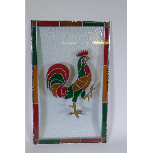 199 - A double glazed panel with stained glass Dorking Cockerel decoration, 56 x 92cm