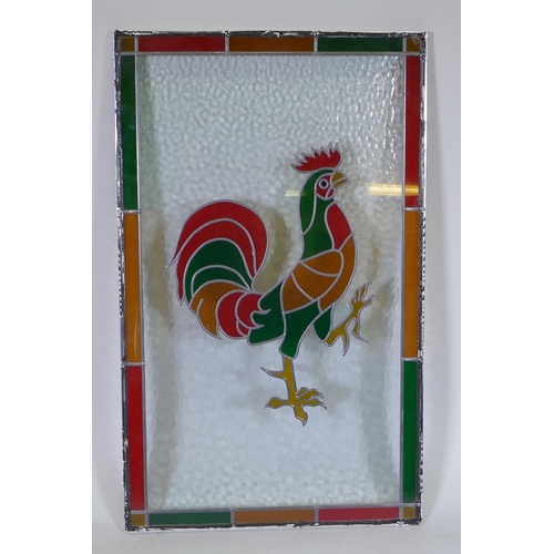 199 - A double glazed panel with stained glass Dorking Cockerel decoration, 56 x 92cm