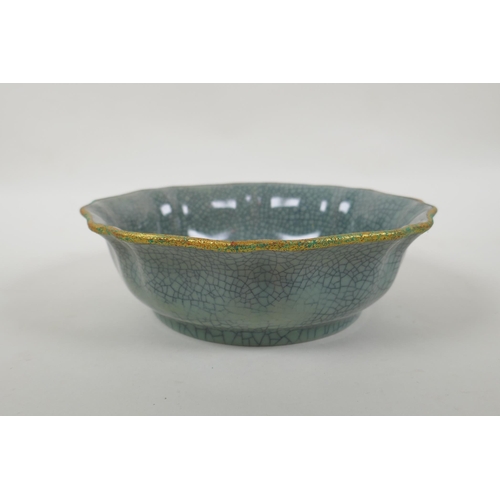 200 - A Chinese celadon Ge ware bowl with frilled gilt rim and chased character inscription to bowl, 20cm ... 