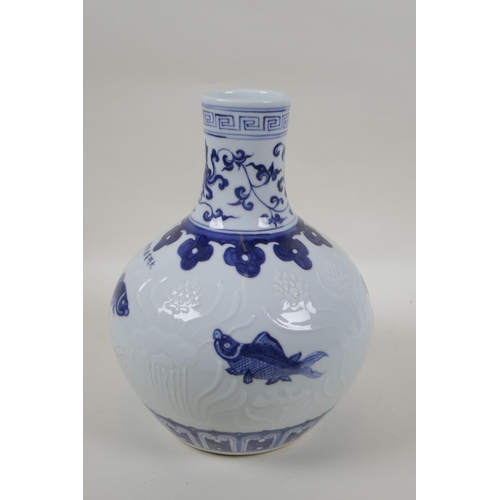 201 - A blue and while porcelain vase decorated with carp and underglaze lotus flowers, Chinese Xuande 6 c... 