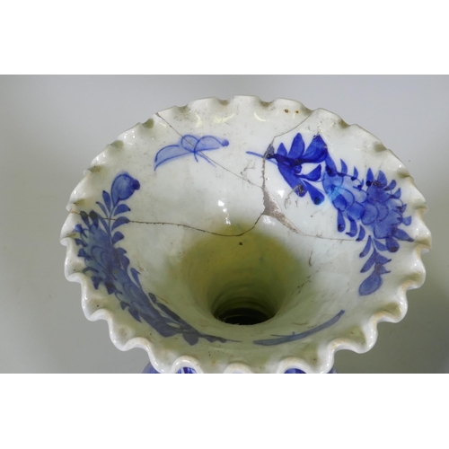 204 - A pair of Arita blue and white vases with flared necks and frilled rims, AF repairs to necks, 45cm h... 