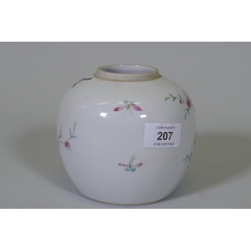 207 - An antique Chinese famille verte storage jar, with enamel painted decoration of a rock garden, and c... 