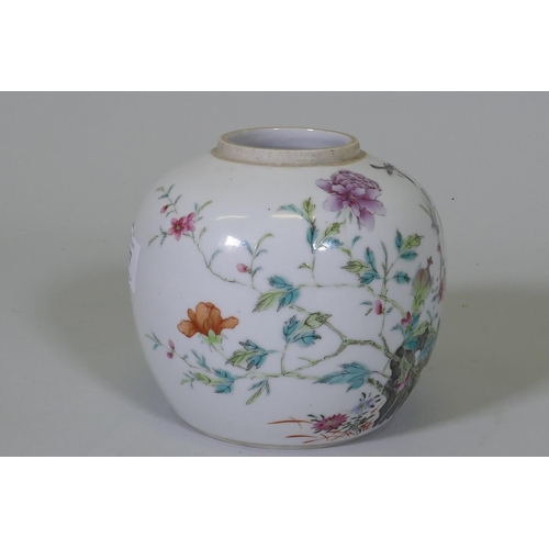 207 - An antique Chinese famille verte storage jar, with enamel painted decoration of a rock garden, and c... 