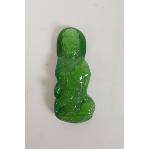 208 - A Chinese apple green jade carved Buddha pendant, an agate carving of a horse and a carved hardstone... 