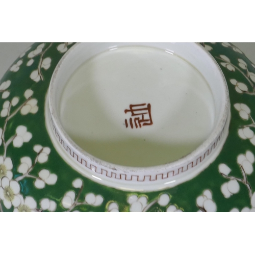 209 - A vintage green glazed Chinese bowl with prunus blossom decoration, 24.5cm diameter