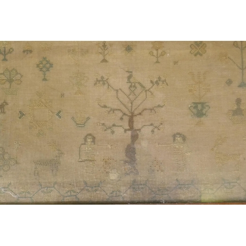 213 - A C19th sampler, depicting Adam, Eve and the serpent in the tree, dedicated to George and Mary Lowe,... 