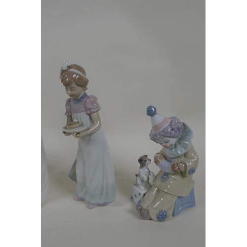 217 - Four Lladro figures of children, another of a clown, and a Nao figure of a clown, largest 20cm, AF