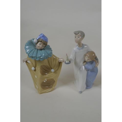 217 - Four Lladro figures of children, another of a clown, and a Nao figure of a clown, largest 20cm, AF