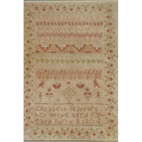 223 - Four samplers, Elizabeth Harries, 9 years old, 1804, 28 x 41cm, Lucie Anne Rogers, 1885, and two lat... 