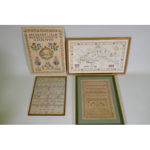 223 - Four samplers, Elizabeth Harries, 9 years old, 1804, 28 x 41cm, Lucie Anne Rogers, 1885, and two lat... 