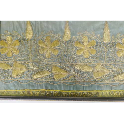 227 - An antique Islamic silk textile, with gilt thread embroidered decoration, 94 x 26cm