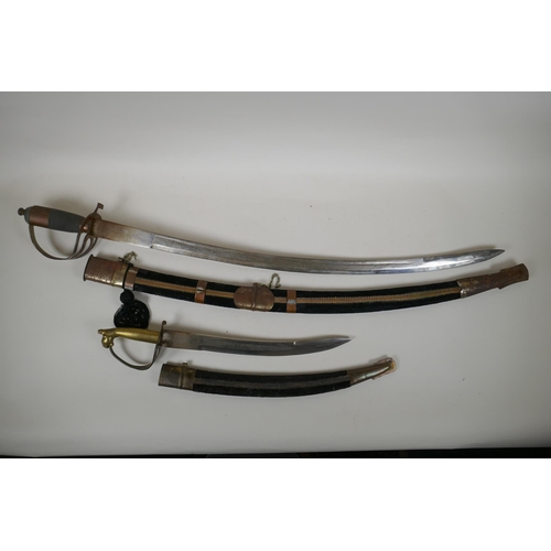 232 - An Indian sabre with brass hilt and copper mounts, together with another smaller, longest blade 75cm