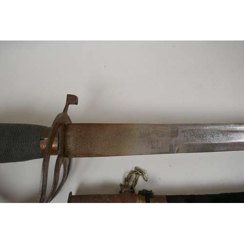 232 - An Indian sabre with brass hilt and copper mounts, together with another smaller, longest blade 75cm