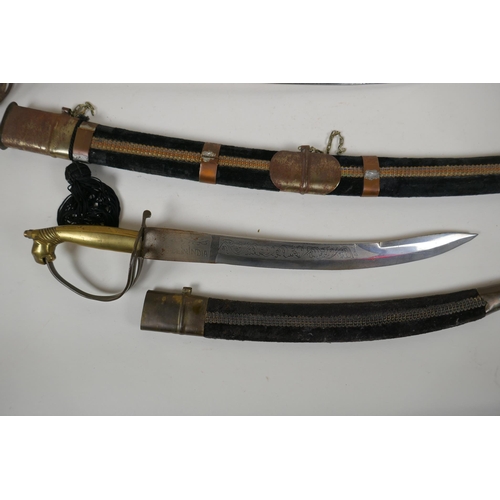 232 - An Indian sabre with brass hilt and copper mounts, together with another smaller, longest blade 75cm