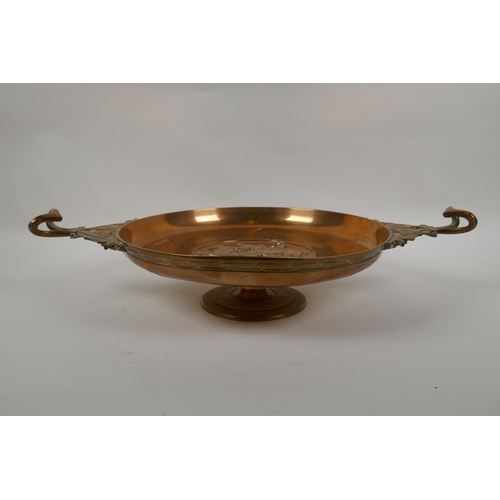 236 - A Barbedienne bronze tazza, the centre embossed with horses and riders, the handles supported on Bac... 