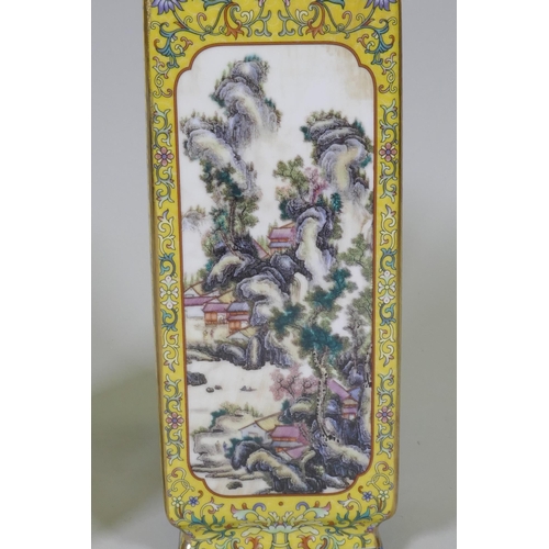 237 - A pair of Chinese yellow glazed vases, with enamelled paintings of landscapes and poems set in panel... 