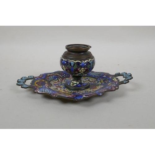 24 - An antique French champleve enamel ink well, 20 x 14cm