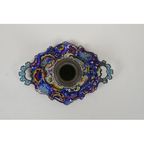 24 - An antique French champleve enamel ink well, 20 x 14cm