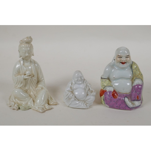 243 - A Chinese blanc de chine porcelain Guan Yin, together with a smaller blanc de chine Buddha and a pol... 