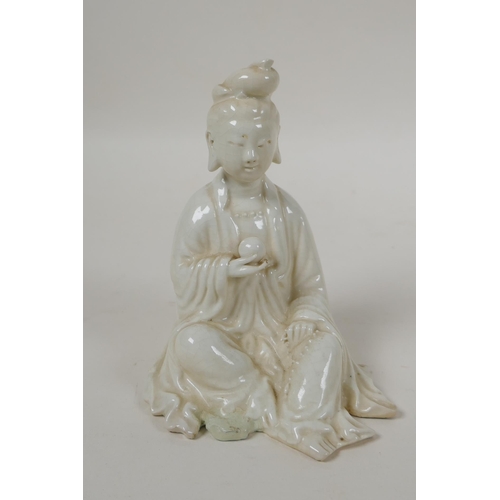 243 - A Chinese blanc de chine porcelain Guan Yin, together with a smaller blanc de chine Buddha and a pol... 