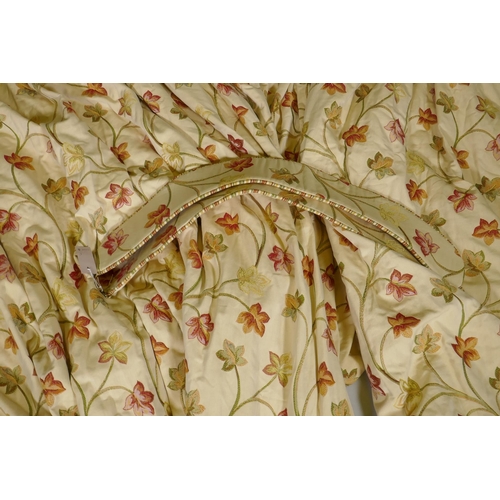 266 - A pair of crewel work style embroidered curtains, with tie backs, drop 210cm, 278cm width at bottom ... 