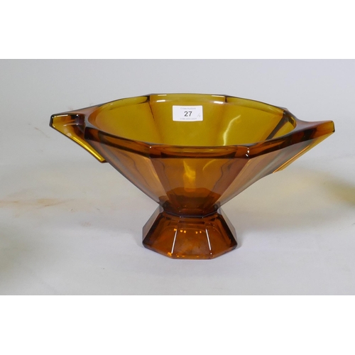 27 - An Art Deco amber glass bowl, 33cm wide x 16cm high, a Bohemian basket shaped glass vase, a cut glas... 