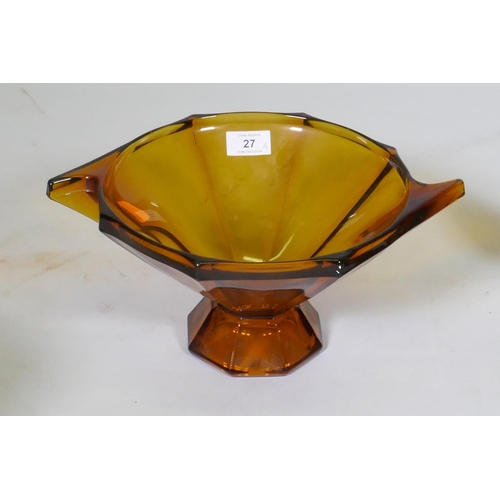 27 - An Art Deco amber glass bowl, 33cm wide x 16cm high, a Bohemian basket shaped glass vase, a cut glas... 