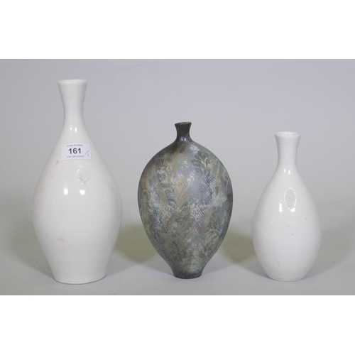 282 - Anne James, studio pottery vase, signed, 20cm high, and two white glazed bottle vases