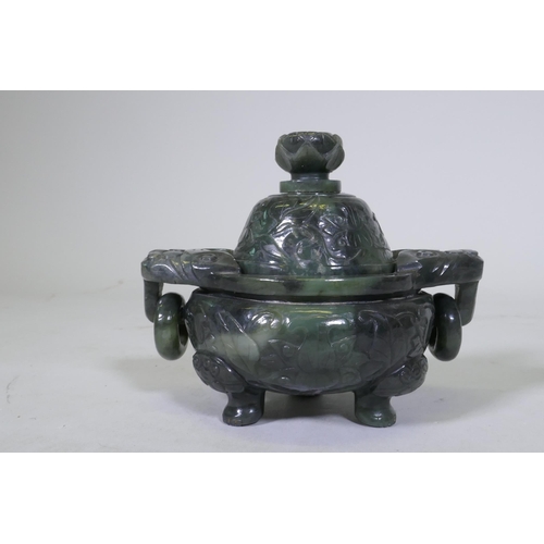 30 - Chinese jade koro and cover with carved decoration and ring handles, 13cm high