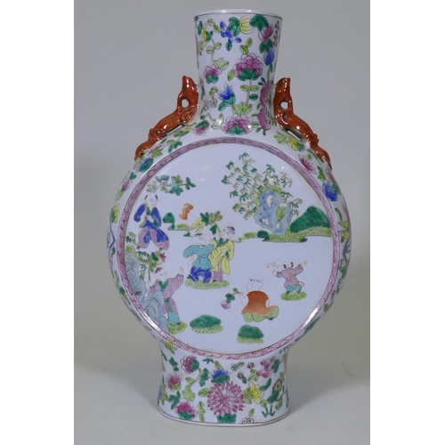 304 - A Chinese famille verte ceramic moonflask, decorated with boys playing in a garden, 45cm high