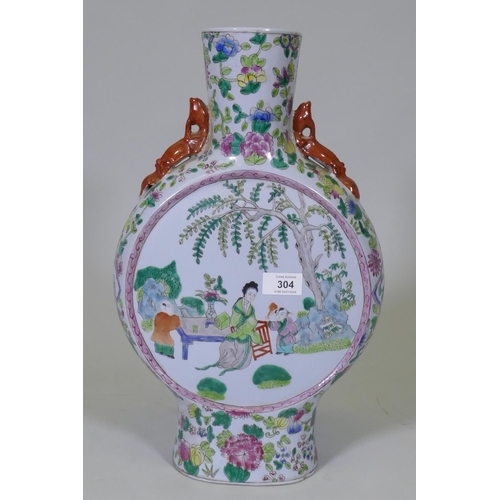 304 - A Chinese famille verte ceramic moonflask, decorated with boys playing in a garden, 45cm high