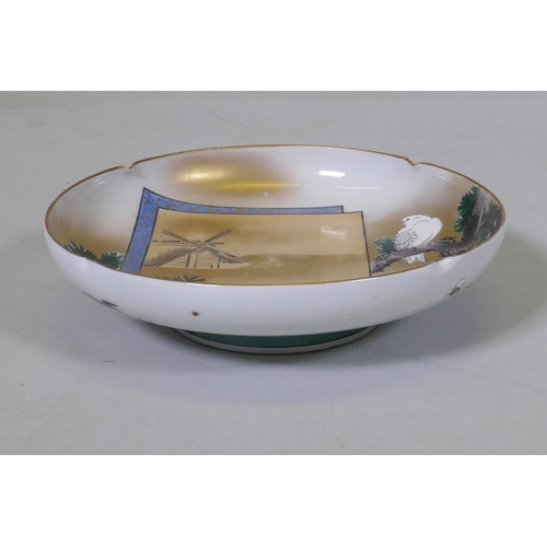 36 - A Japanese Meiji period shallow porcelain bowl, with raised enamel decoration of a dove in a cypress... 