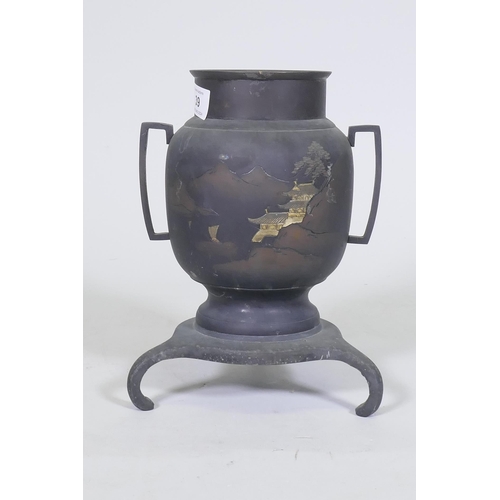 39 - An antique Japanese bronzed vase with engraved gilded decoration, raised on a shaped base with scrol... 