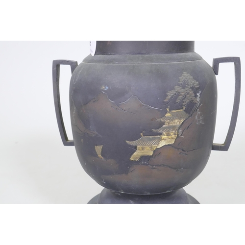 39 - An antique Japanese bronzed vase with engraved gilded decoration, raised on a shaped base with scrol... 