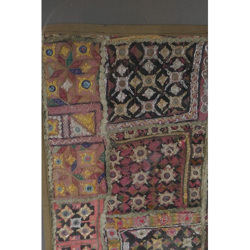 42 - An antique Pakistani mirror embroidery wall hanging with gilt thread, framed, 89 x 58cm