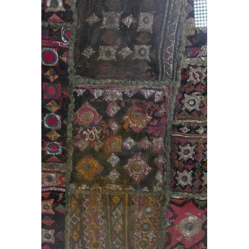 42 - An antique Pakistani mirror embroidery wall hanging with gilt thread, framed, 89 x 58cm