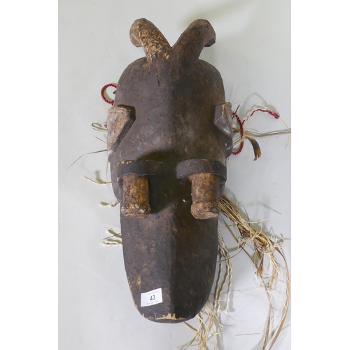 43 - An antique African tribal carved wood zoomorphic mask with painted decoration, 56cm high