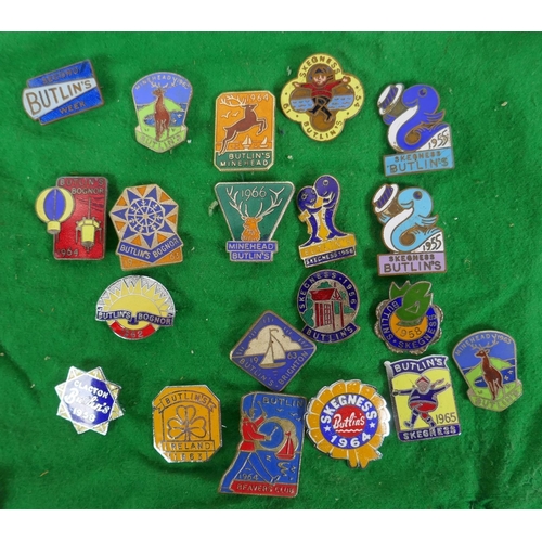 6 - Twenty 1950s and 60s vintage Butlins enamel pins/badges, including Bognor Regis, Clacton on Sea, Ire... 