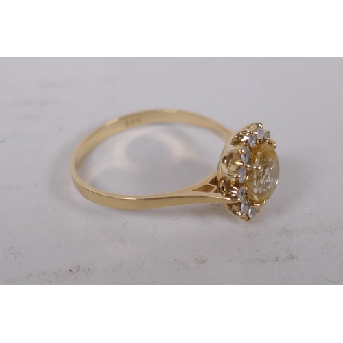 601 - 14ct gold ring set with central yellow sapphire surrounded by white sapphires, size N/O