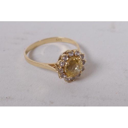 601 - 14ct gold ring set with central yellow sapphire surrounded by white sapphires, size N/O