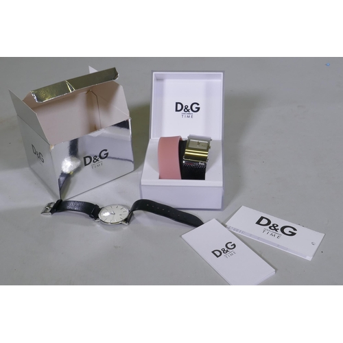 603 - A Dolce & Gabbana 'Time' stainless steel wristwatch and strap in box, and an Accurist quartz mov... 