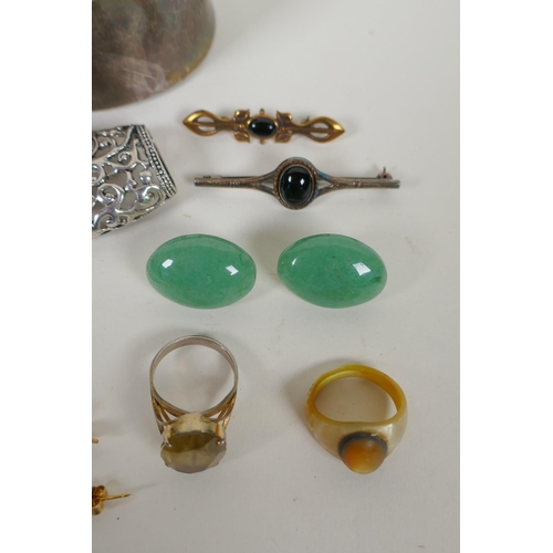 606 - A pair of 9ct and jade drop earrings together with a quantity of good quality yellow metal, silver a... 