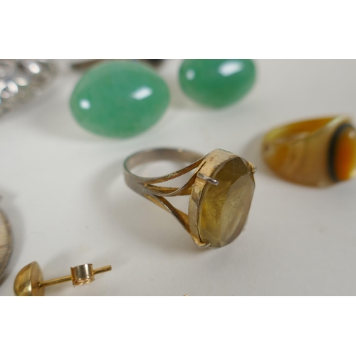 606 - A pair of 9ct and jade drop earrings together with a quantity of good quality yellow metal, silver a... 