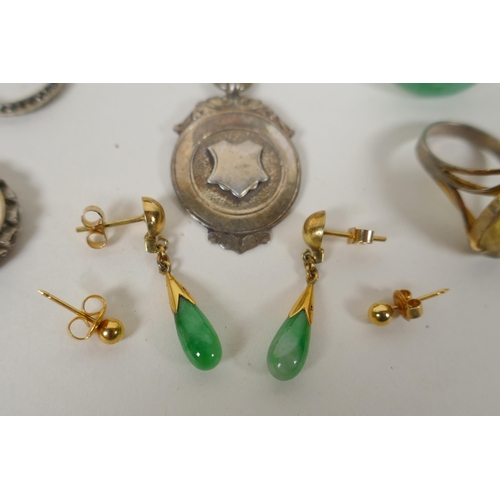 606 - A pair of 9ct and jade drop earrings together with a quantity of good quality yellow metal, silver a... 