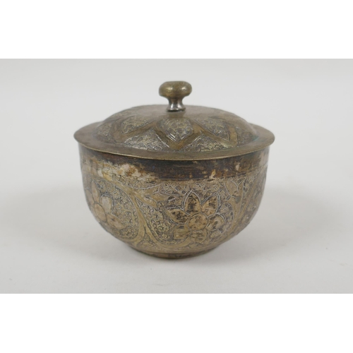 609 - An Islamic white metal bowl, with all over script decoration, 8cm diameter, 98g