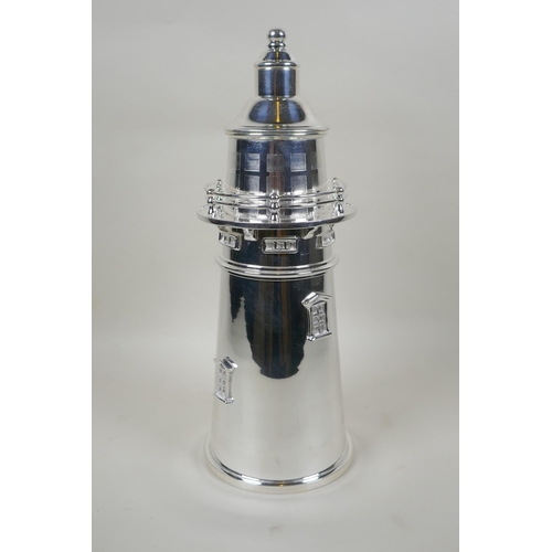 625 - A silver plated cocktail shaker in the form of a lighthouse, 34cm high