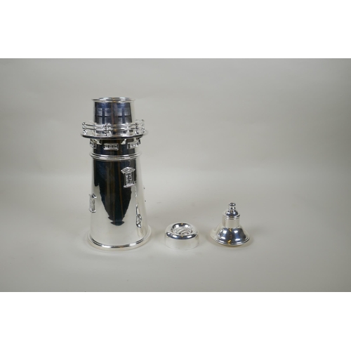 625 - A silver plated cocktail shaker in the form of a lighthouse, 34cm high